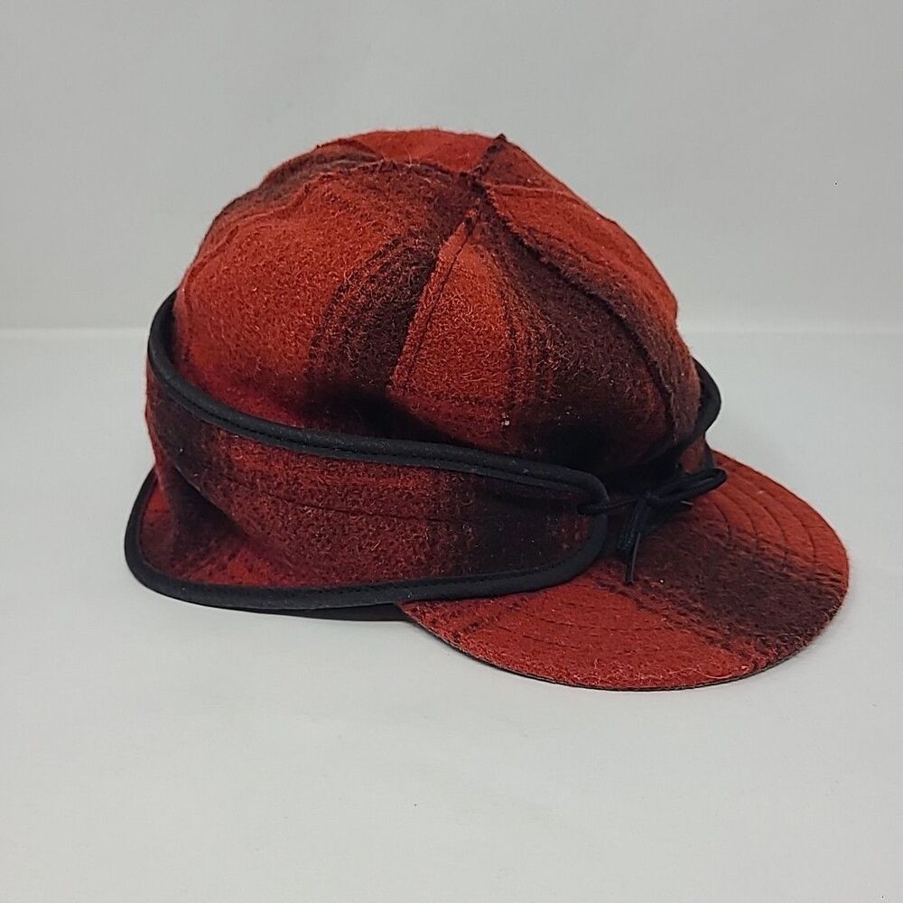 Stormy Kromer Hat Size 7 1/4 Red Buffalo Plaid Ear Flaps Wool Blend Made USA
